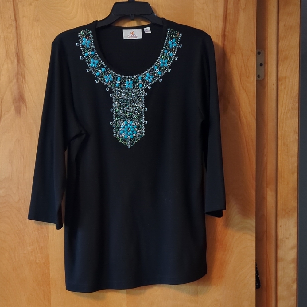 Embellished Black Top with Blue Accents